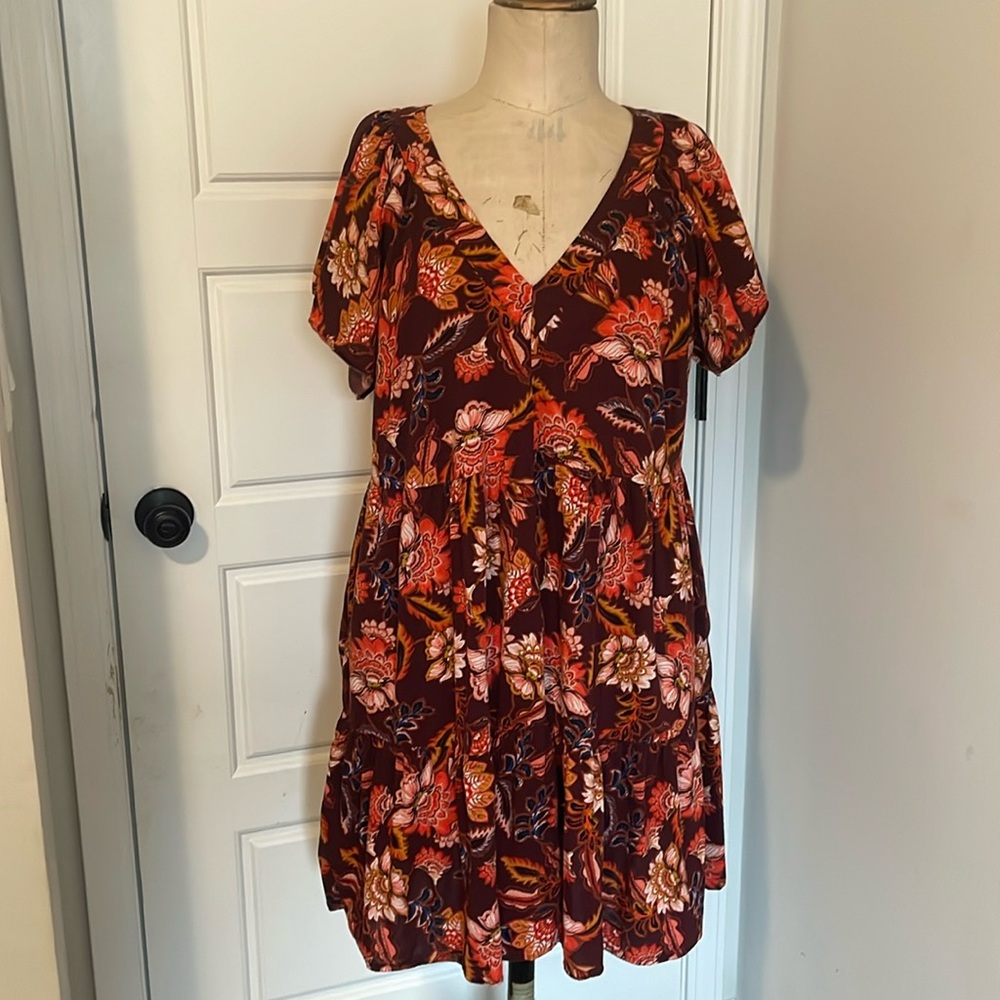 Floral Ruffled V-Neck Baby Doll Mini Dress XL